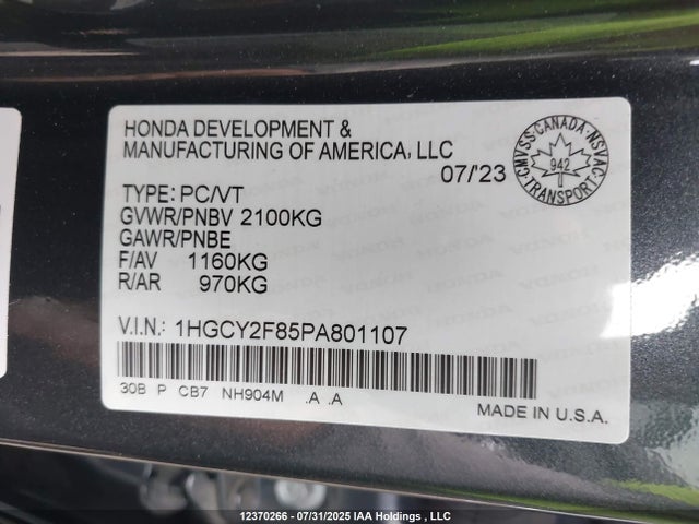 1HGCY2F85PA801107 Honda lfc5