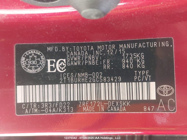 2T1BURHE2GC583429 Toyota 2zr-fe