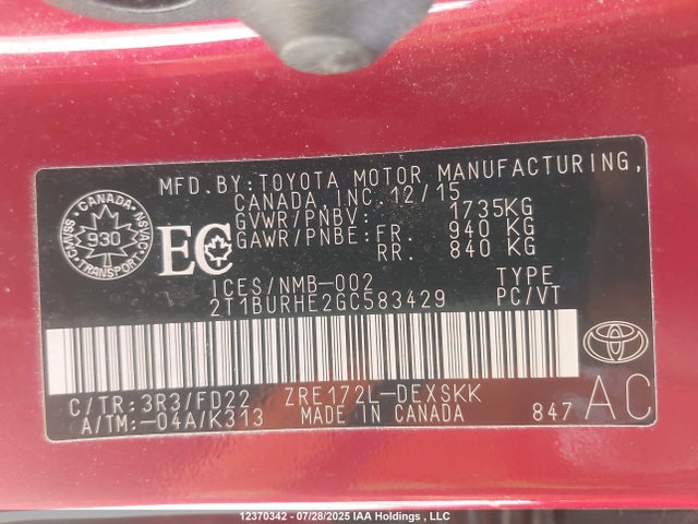 2T1BURHE2GC583429 Toyota 2zr-fe