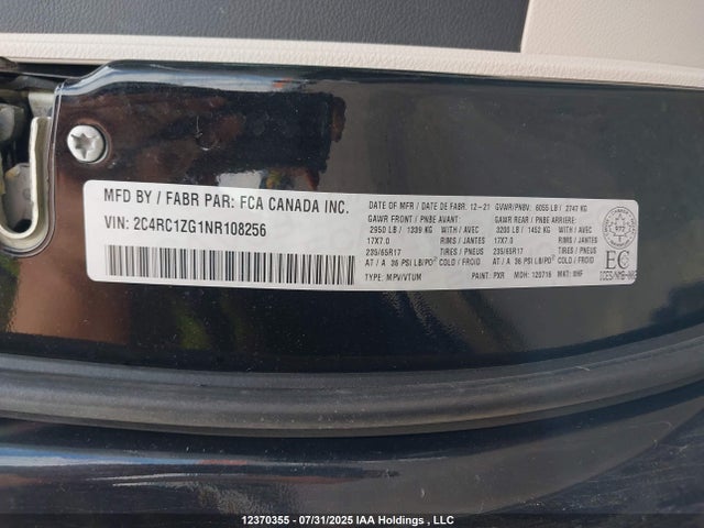 2C4RC1ZG1NR108256 Chrysler 2022