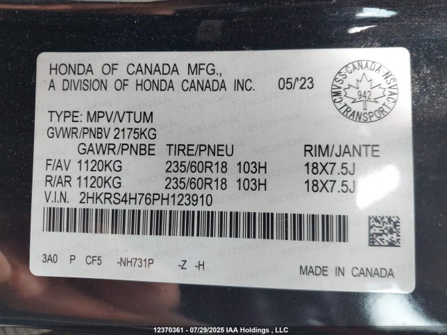 2HKRS4H76PH123910 Honda l15be