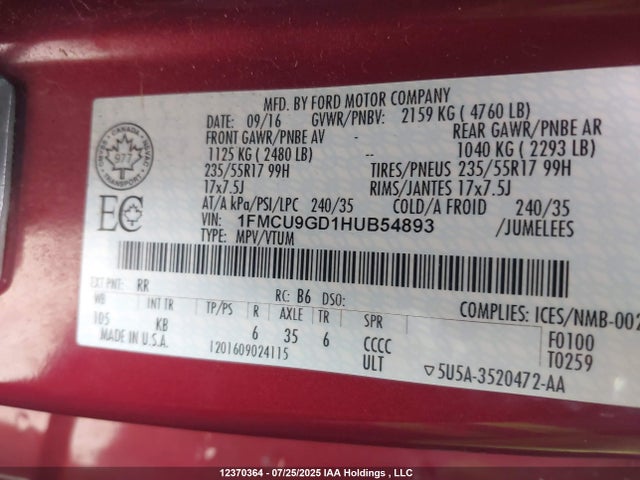 1FMCU9GD1HUB54893 Ford gtdi sigma w/premium fuel
