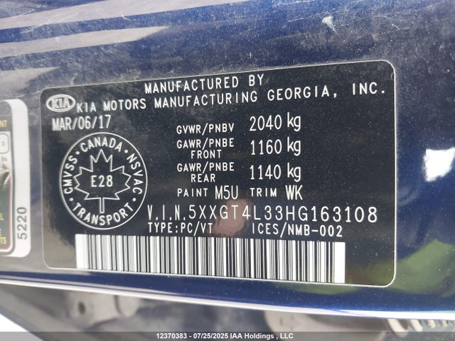 5XXGT4L33HG163108 KIA g 2.4 dohc gdi