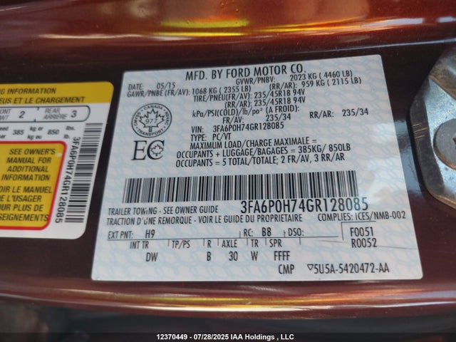 Ford Fusion 2016 3FA6P0H74GR128085 Image 9