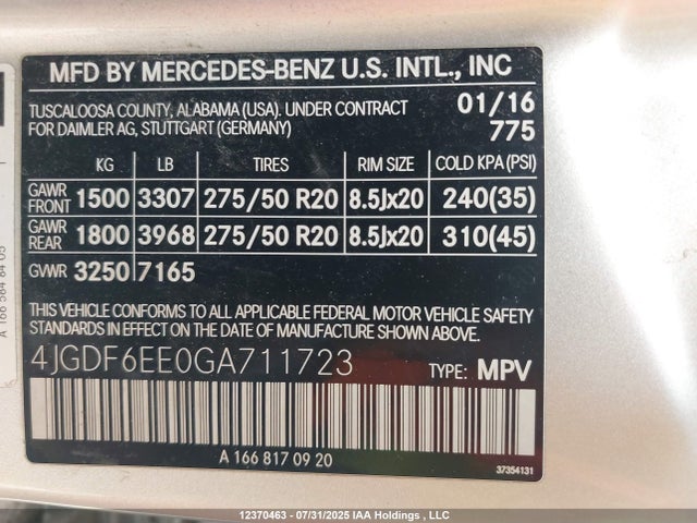 4JGDF6EE0GA711723 Mercedes-Benz m276