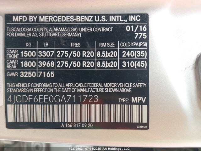 4JGDF6EE0GA711723 Mercedes-Benz m276