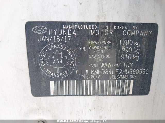 KMHD84LF2HU380993 Hyundai 2017
