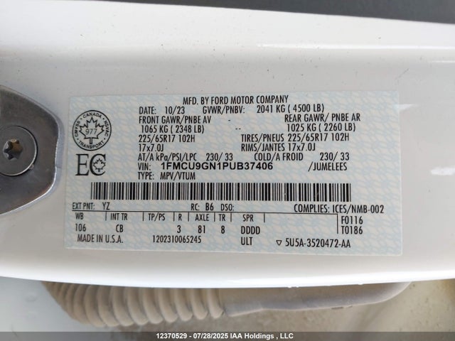 2023 Ford Escape Active მანქანა იყიდება აუქციონზე, vin: 1FMCU9GN1PUB37406, აუქციონის ნომერი: 12370529