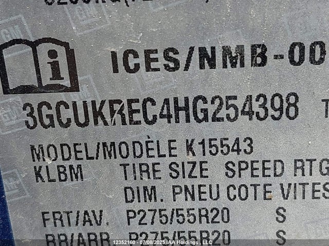 3GCUKREC4HG254398 Chevrolet l83 - sidi: spark ignited direct injection, vvt: variable valve timing, afm, e85 max, alum