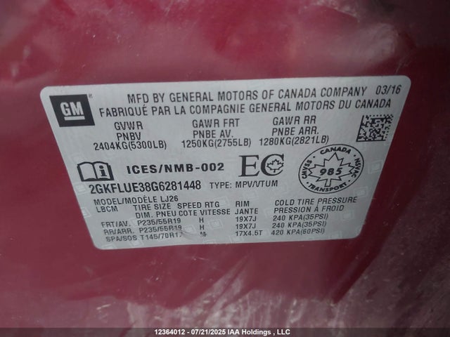 2GKFLUE38G6281448 GMC lfx - sidi, vvt, e85 max, aluminum