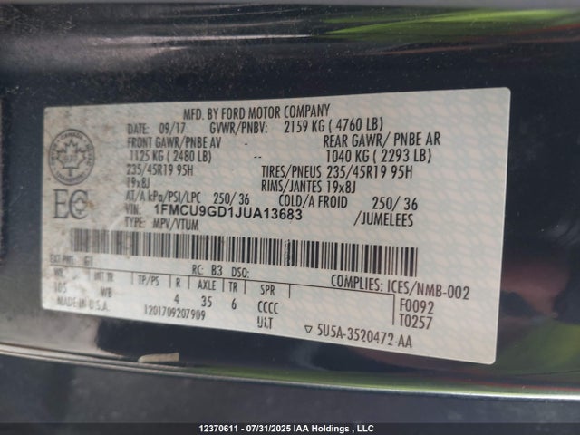 1FMCU9GD1JUA13683 Ford 1.5l gtdi sigma w/premium fuel