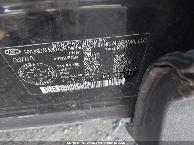 5NMZUDLBXJH086662 Hyundai gdi theta ii