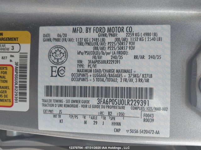 Ford 2.0l 4v atk hev 2020 3FA6P0SU0LR229391 Image 9