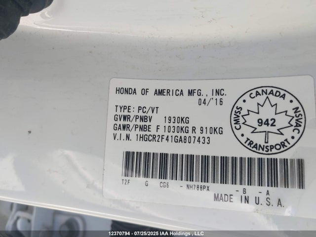 1HGCR2F41GA807433 Honda k24w1
