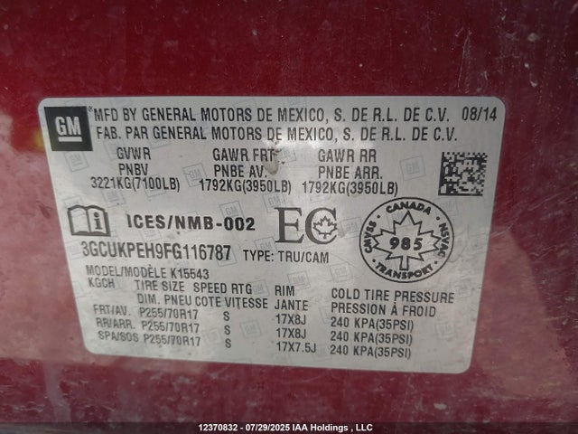 3GCUKPEH9FG116787 Chevrolet lv3 - vvt, aluminum, e85 max