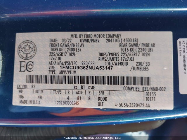 1FMCU9G62NUA53147 Ford dragon di tc
