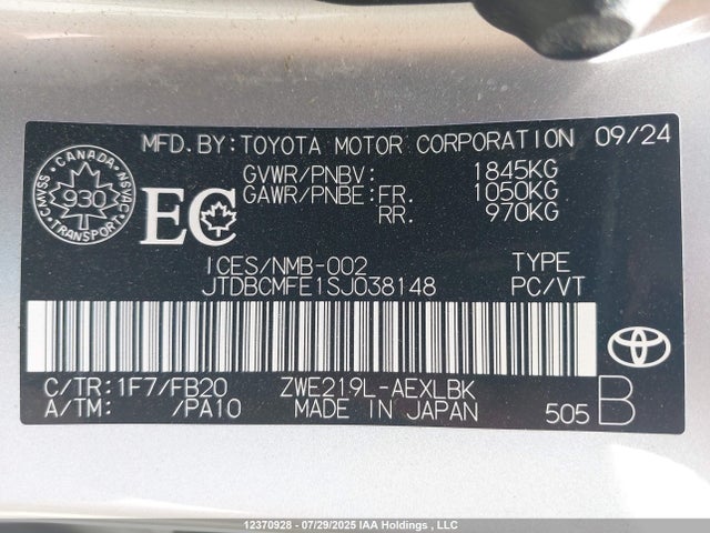 Toyota 2zr-fxe 2025 JTDBCMFE1SJ038148 Image 9