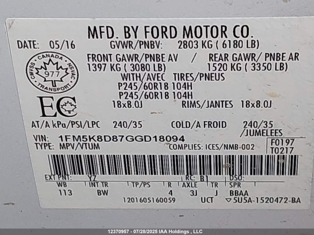 1FM5K8D87GGD18094 Ford 2016