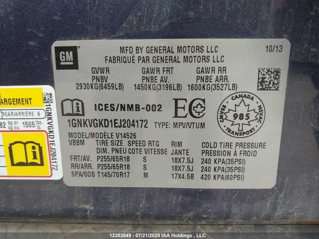 Chevrolet llt 2014 1GNKVGKD1EJ204172 Image 9