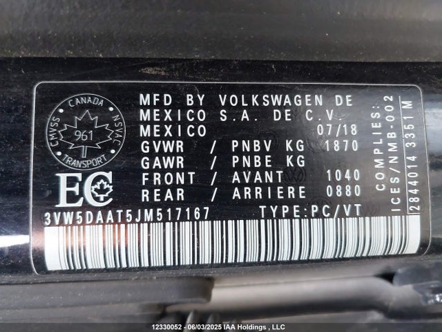 3VW5DAAT5JM517167 Volkswagen 2018