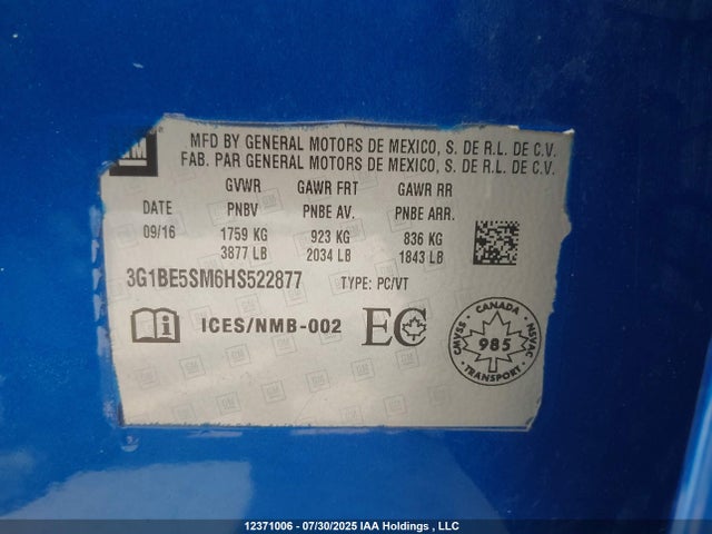 3G1BE5SM6HS522877 Chevrolet le2 -di: direct injection, vvt: variable valve timing, gen, alum