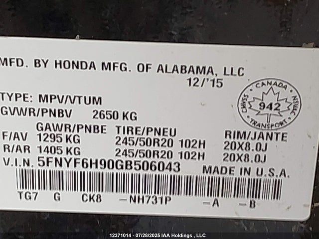 5FNYF6H90GB506043 Honda j35y6
