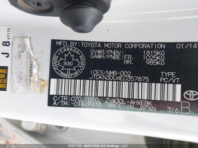Toyota 2zr-fxe+3jm 2014 JTDKN3DU4E0357875 Image 9