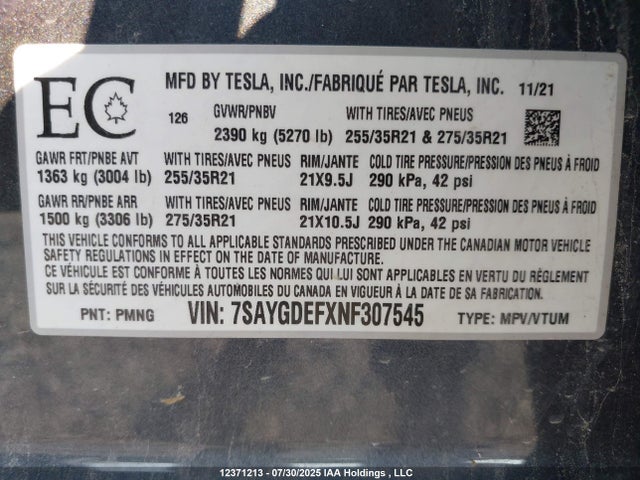 7SAYGDEFXNF307545 Tesla Model Y