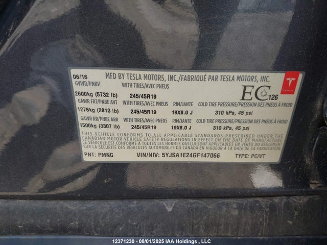 Tesla 3 phase a/c induction (dual motor) 2016 5YJSA1E24GF147066 Image 9