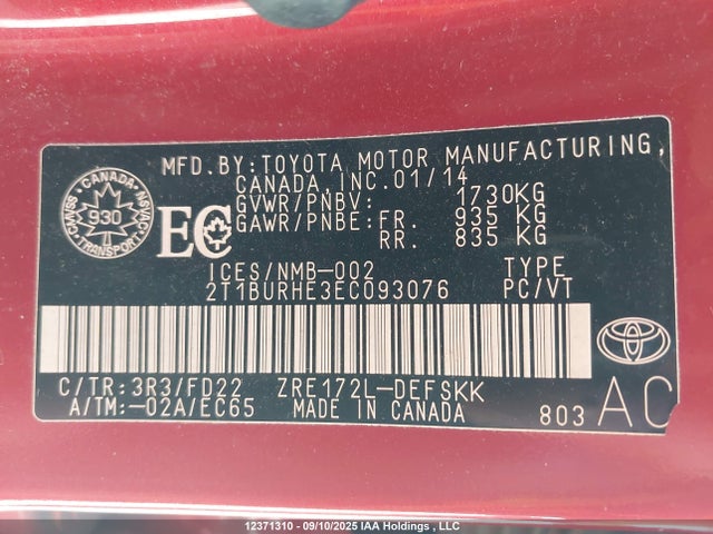 Toyota 2zr-fe 2014 2T1BURHE3EC093076 Image 9