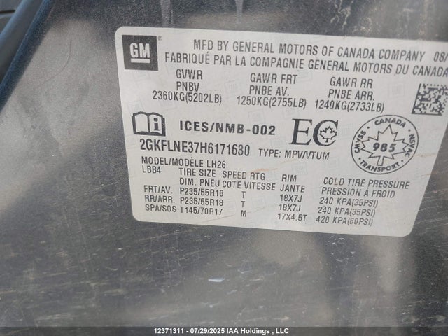 2GKFLNE37H6171630 GMC lfx - sidi: spark ignited direct injection, vvt: variable valve timing, e85 max, alum