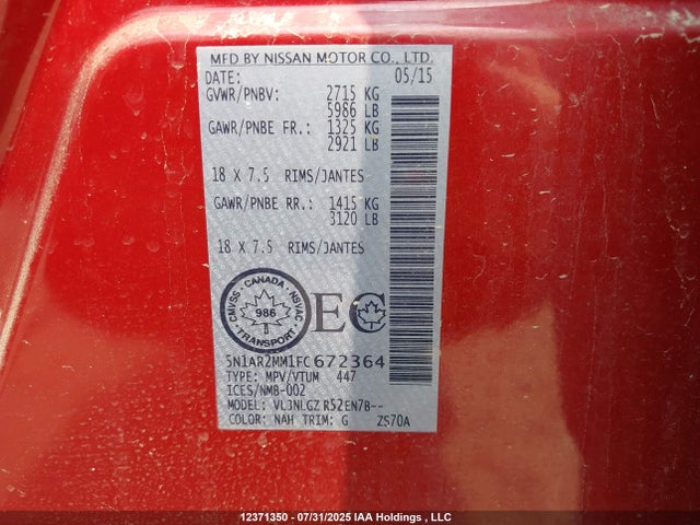 Nissan 2015 2015 5N1AR2MM1FC672364 Image 9