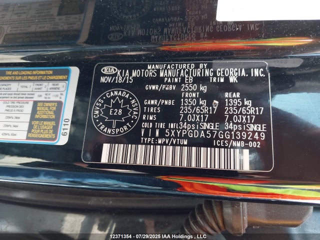 5XYPGDA57GG139249 KIA dohc gdi lambda ii