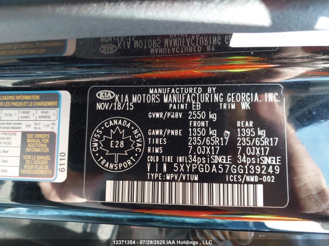 5XYPGDA57GG139249 KIA dohc gdi lambda ii