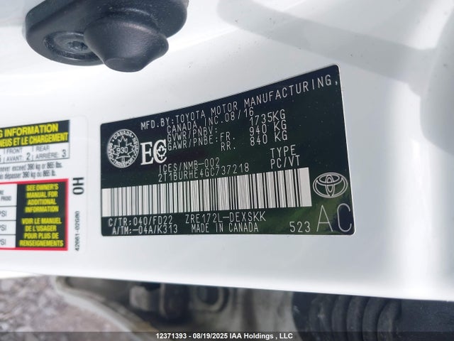 Toyota 2zr-fe 2016 2T1BURHE4GC737218 Image 9