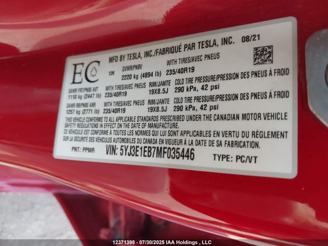 Tesla MODEL 3 2021 5YJ3E1EB7MF035446 Image 9