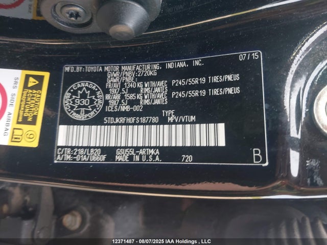 Toyota 2gr-fe 2015 5TDJKRFH0FS187780 Image 9
