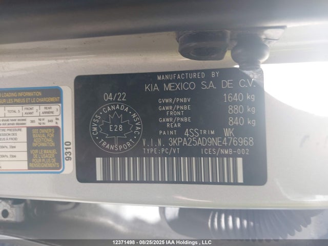 3KPA25AD9NE476968 KIA mpi gamma ii