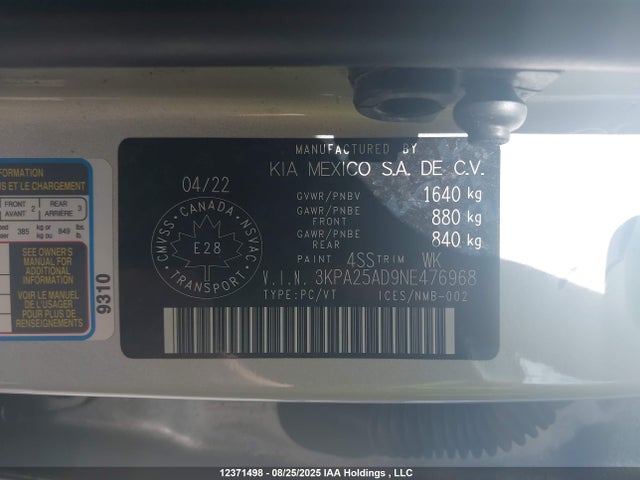 3KPA25AD9NE476968 KIA mpi gamma ii
