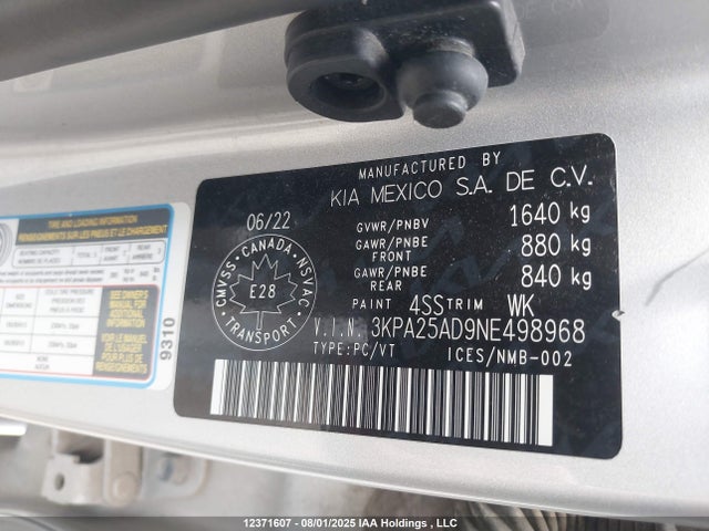 KIA mpi gamma ii 2022 3KPA25AD9NE498968 Image 9