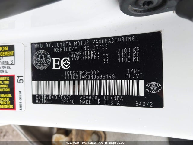 12371634 :رقم المزاد ، 4T1C31AK0NU596149 vin ، 2022 Toyota Camry Le مزاد بيع