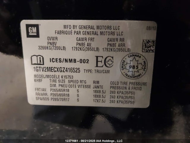 1GTV2MECXGZ416525 GMC l83 - sidi, vvt, afm, e85 max, aluminum