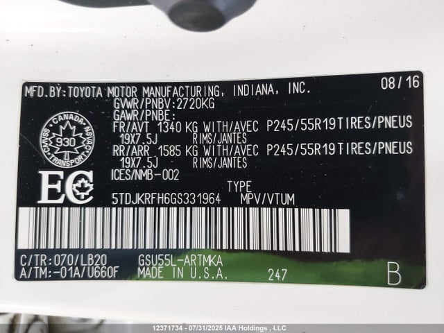 Toyota 2gr-fe 2016 5TDJKRFH6GS331964 Image 9