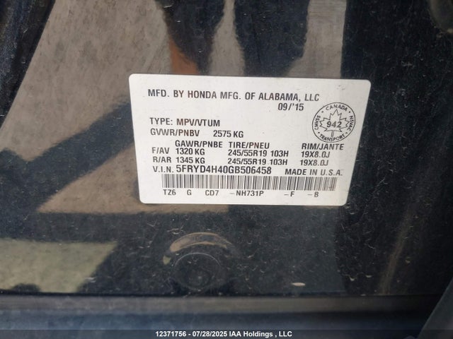 Acura j35y5 2016 5FRYD4H40GB506458 Image 9