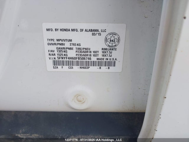 Honda j35z4 2015 5FNYF4H60FB506746 Image 9