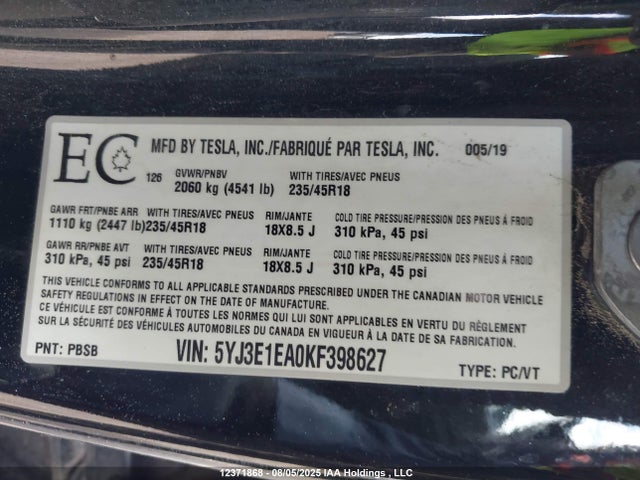 5YJ3E1EA0KF398627 Tesla MODEL 3