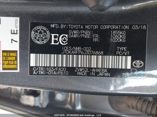 Toyota 2zr-fxe+1nm 2018 JTDKARFP6J3076868 Image 9