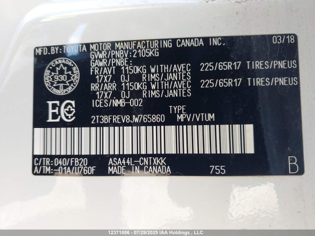 Toyota 2ar-fe 2018 2T3BFREV8JW765860 Image 9