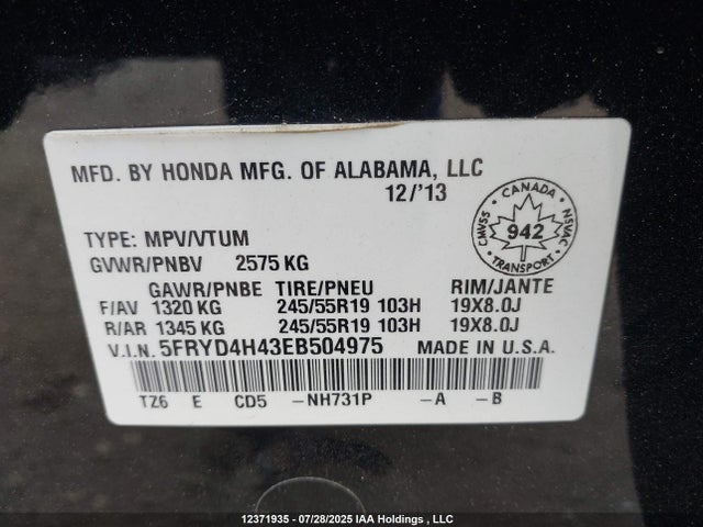 5FRYD4H43EB504975 Acura j35y5