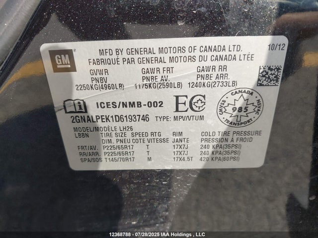 Aukcja sprzedaży 2013 Chevrolet Equinox 2lt, vin: 2GNALPEK1D6193746, numer aukcji: 12368788